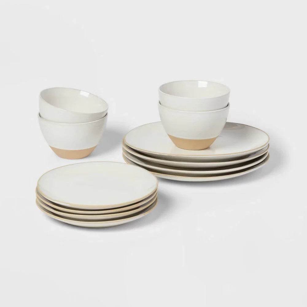 12pc Stoneware Wethersfield Artisan Dinnerware Set White - Threshold: Microwave